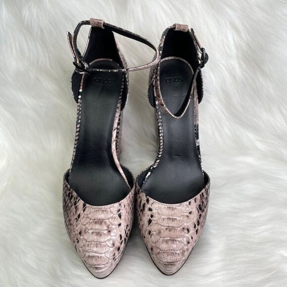 ASOS Black and Nude Snakeskin Print Platform Block Heels Ankle Strap Pump Size 9 - Picture 8 of 8